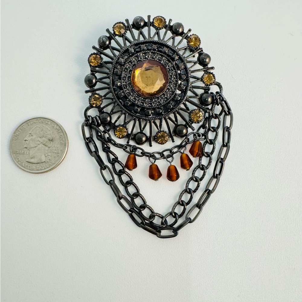 Large Victorian Style Brooch Amber Rhinestones
